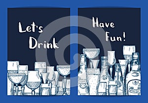 Vector hand drawn alcohol drink bottles and glasses set of card templates