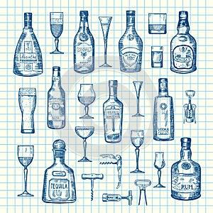 Vector hand drawn alcohol drink bottles and glasses set of on cell sheet illustration