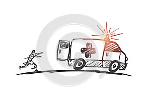 Hand drawn man trying to catch up ambulance car