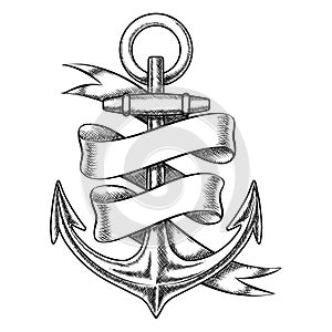 Vector hand drawn anchor sketch with blank ribbon