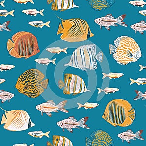 Vector hand drawn aquarium exotic fishes seamless pattern print background.