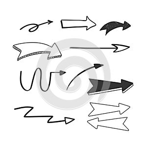 Vector hand drawn arrows icons set on white. Doodle stile illustration.