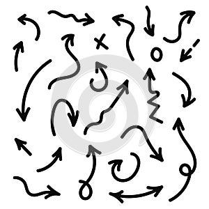 Vector hand drawn arrows set. Black sketch arrows in doodle style. Lines, circles, marks