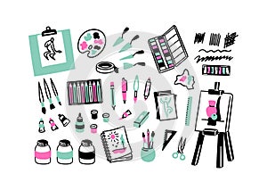 Vector hand drawn artist supplies doodles minimalistic color set. Easel, sketchpad, brushes and watercolor paints icons