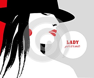 Vector hand drawn artistic flat young stylish girl in hat portrait.