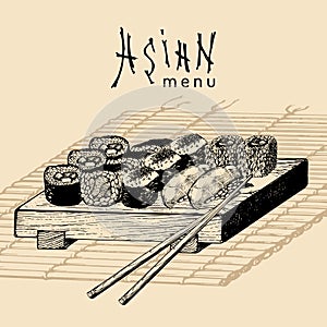 Vector hand drawn asian menu illustration.Hand sketched sushi set.Japanese food,tableware design for restaurant,cafe etc