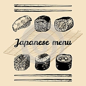 Vector hand drawn asian menu illustration.Hand sketched sushi set.Japanese food,tableware design for restaurant,cafe etc