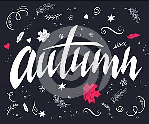 Vector hand drawn autumn lettering with branches, swirls, flowers, leafs and greetings label. Can be used as a card or