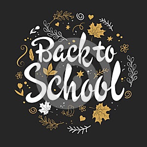 Vector hand drawn back to school lettering with branches, swirls, flowers, leafs and greetings label. Can be used as