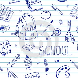 Vector hand drawn back to school seamless pattern. School equipment doodles on ruled paper.