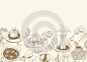 Background with sketch of Mediterranean food photo