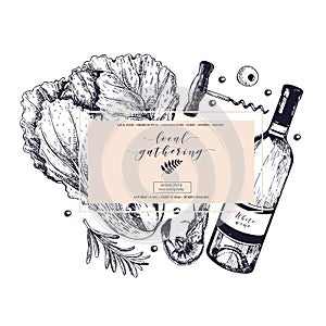 Vector hand drawn banner local gatherings. Frame composition. Wine, seafood, cheese, chicken meet, farm vegetables