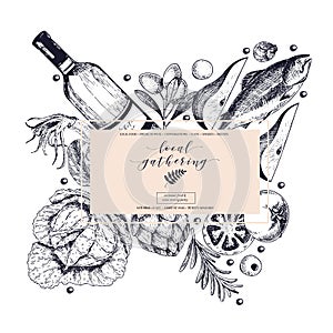 Vector hand drawn banner local gatherings. Frame composition. Wine, seafood, cheese, chicken meet, vegetables cabbage