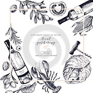 Vector hand drawn banner local gatherings. Frame composition. Wine, seafood, cheese, chicken meet, vegetables cabbage