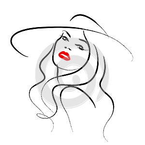 Vector hand drawn beautiful lady in hat portrait isolated on white background.
