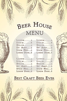 Vector hand drawn beer bar or pub menu template. Vintage engraved beer house background. sketch illustration. beer label