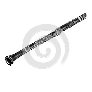 Vector hand drawn black and white illustration of clarinet musical instrument