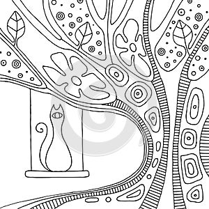 Vector hand drawn black and white illustration with decorative psychedelic tree with branch, leaves, flowers, dots and cat.