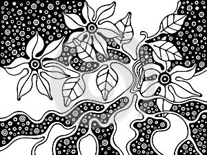 Vector hand drawn black and white illustration with decorative psychedelic tree with branch, leaves, flowers, dots. Cute abstract