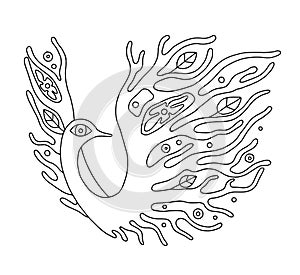 Vector hand drawn black and white illustration of isolated bird with decorative elements, branch, leaves, flowers, dots. Picture f