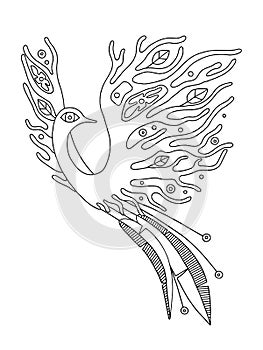 Vector hand drawn black and white illustration of isolated bird with decorative elements, branch, leaves, flowers, dots. Picture f