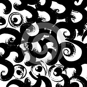 Vector hand drawn black and white seamless pattern in grunge style. Brush stroke, geometric shapes ornament illu