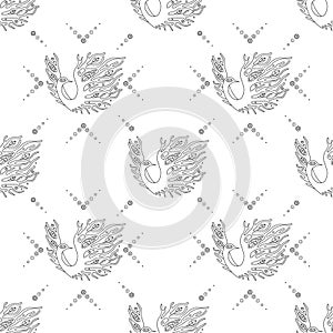 Vector hand drawn black and white seamless pattern, illustration of birds with decorative elements, branch, leaves, flowers, dots