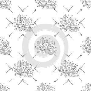 Vector hand drawn black and white seamless pattern, illustration of butterfly with decorative geometrical elements, lines, dots.