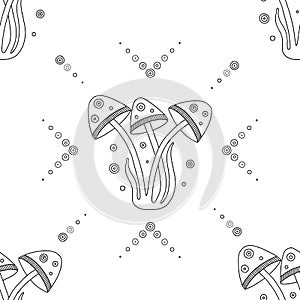 Vector hand drawn black and white seamless pattern, illustration of mushrooms with decorative geometrical elements, lines, dots.