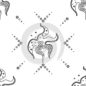 Vector hand drawn black and white seamless pattern, illustration of starfish with decorative geometrical elements, lines, dots.