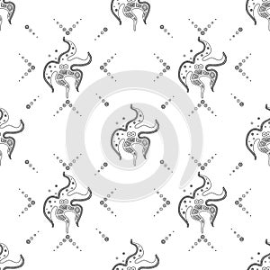 Vector hand drawn black and white seamless pattern, illustration of starfish with decorative geometrical elements, lines, dots.