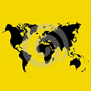 Vector hand drawn black world map on yellow background, doodle illustration