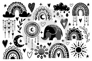 Vector hand drawn boho clipart with rainbows, sun, moon, elephant