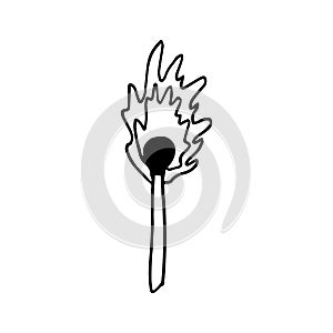 Vector hand drawn burning match. Doodle style. Simple vector illustration. Graphic match with fire. Graphic sketch for