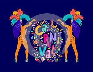 Vector Hand drawn Carnaval Lettering. Carnival Title With Colorful Party Elements, confetti and brasil samba dansing