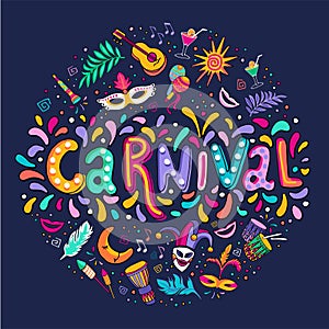 Vector Hand drawn Carnaval Lettering. Carnival Title With Colorful Party Elements, confetti and brasil samba dansing