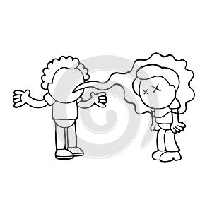 Vector hand-drawn cartoon of with bad breath talking to another