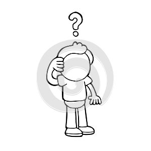 Vector hand-drawn cartoon of confused man thinking with question
