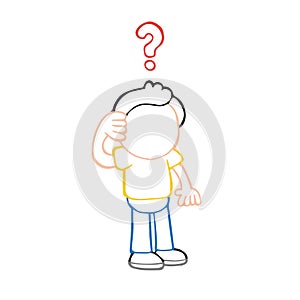 Vector hand-drawn cartoon of confused man thinking with question