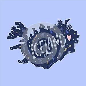 Vector hand drawn cartoon doodle map of Iceland. Illustration with details