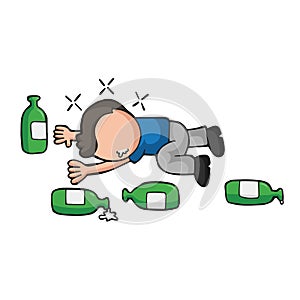 Vector hand-drawn cartoon of drunk man lying on floor with empty