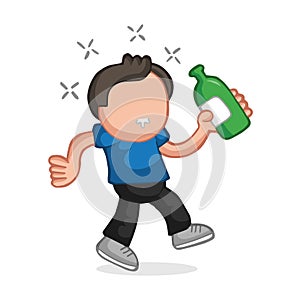 Vector hand-drawn cartoon of drunk man walking holding bottle of