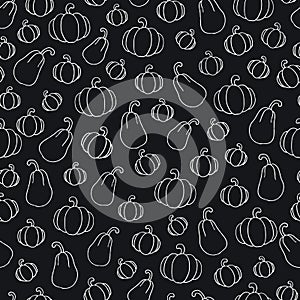 Vector hand drawn cartoon halloween seamless pattern. Collection of white outline pumpkins isolated on black background. Design