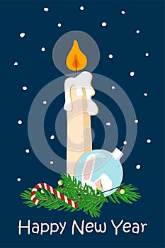 Vector hand drawn cartoon illustration of a burning candle and happy new year 2023 of a rabbit g