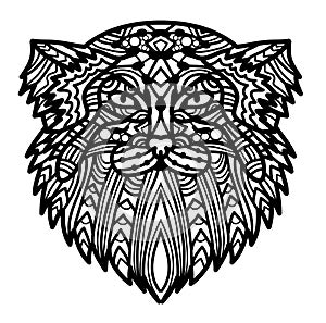 Vector hand drawn cat face Manul with ethnic doodle patterned illustration.