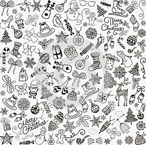 Vector Hand Drawn Christmas Doodles Seamless Background.