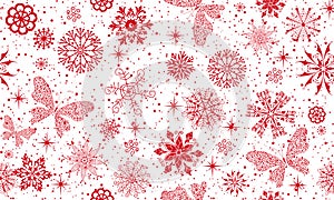 Vector hand drawn Christmas monochrome seamless pattern with snowflakes and stars snd butterflies