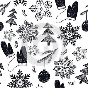 Vector hand drawn Christmas, New Year winter seamless pattern. Black and white. Background