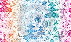 Vector hand drawn Christmas rainbow gradient seamless pattern with nowflakes