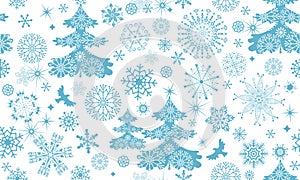 Vector hand drawn Christmas seamless pattern with blue pastel monochrome snowflakes